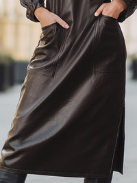 Espresso Faux Leather Utility Midi Dress