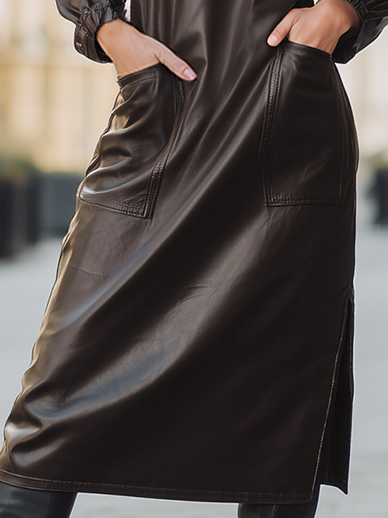 Espresso Faux Leather Utility Midi Dress