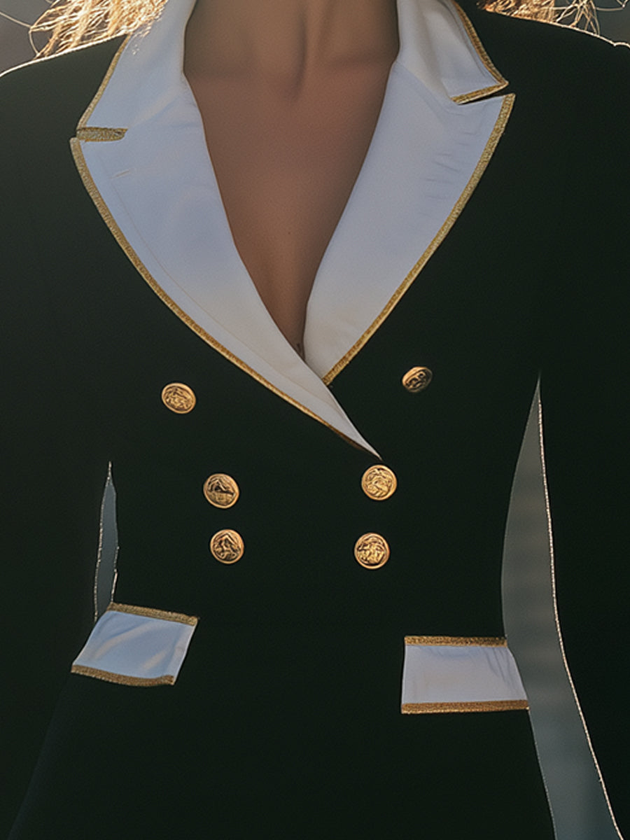 Black Blazer Dress With White Lapel Trim