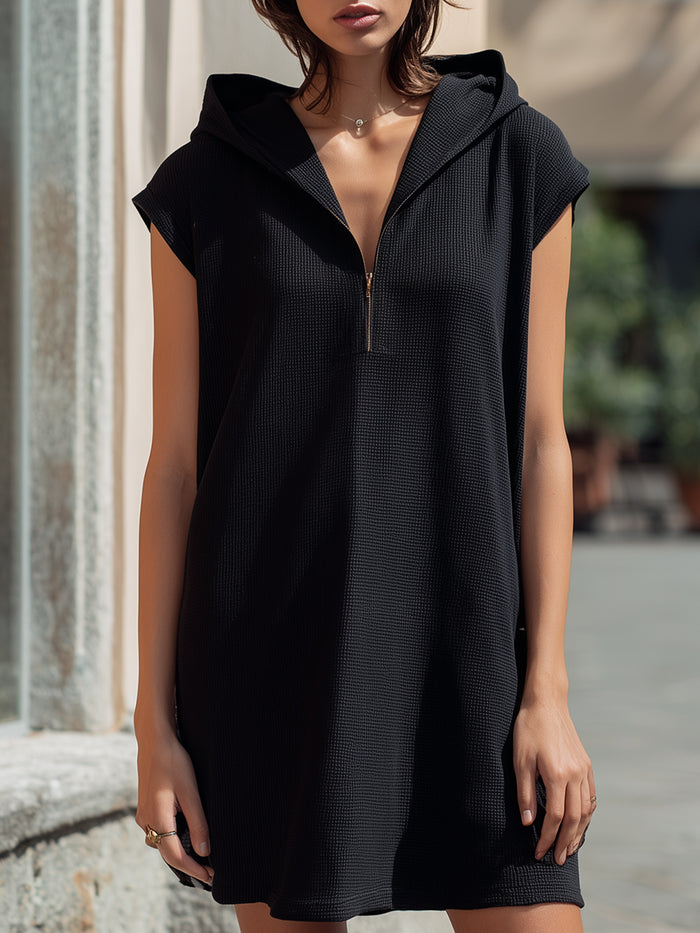 Textured Hooded Zip-Front Sleeveless Mini Dress