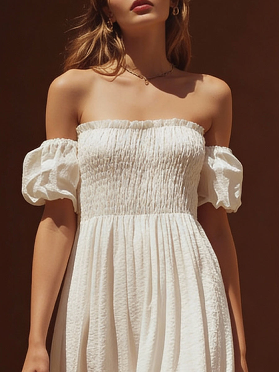 Ivory Smocked Off-Shoulder Maxi Dress With Puff Sleeves