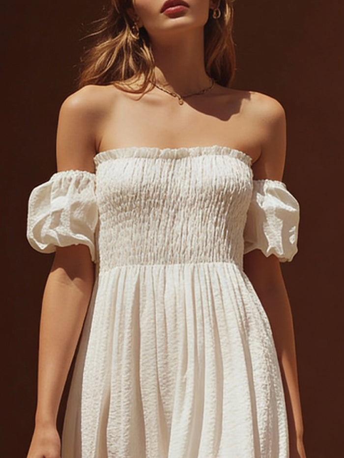 Ivory Smocked Off-Shoulder Maxi Dress With Puff Sleeves