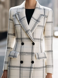 White And Black Checkered Longline Double-Breasted Coat