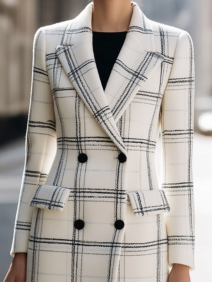 White And Black Checkered Longline Double-Breasted Coat