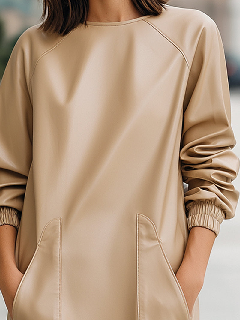 Sand Faux Leather Pocket Dress