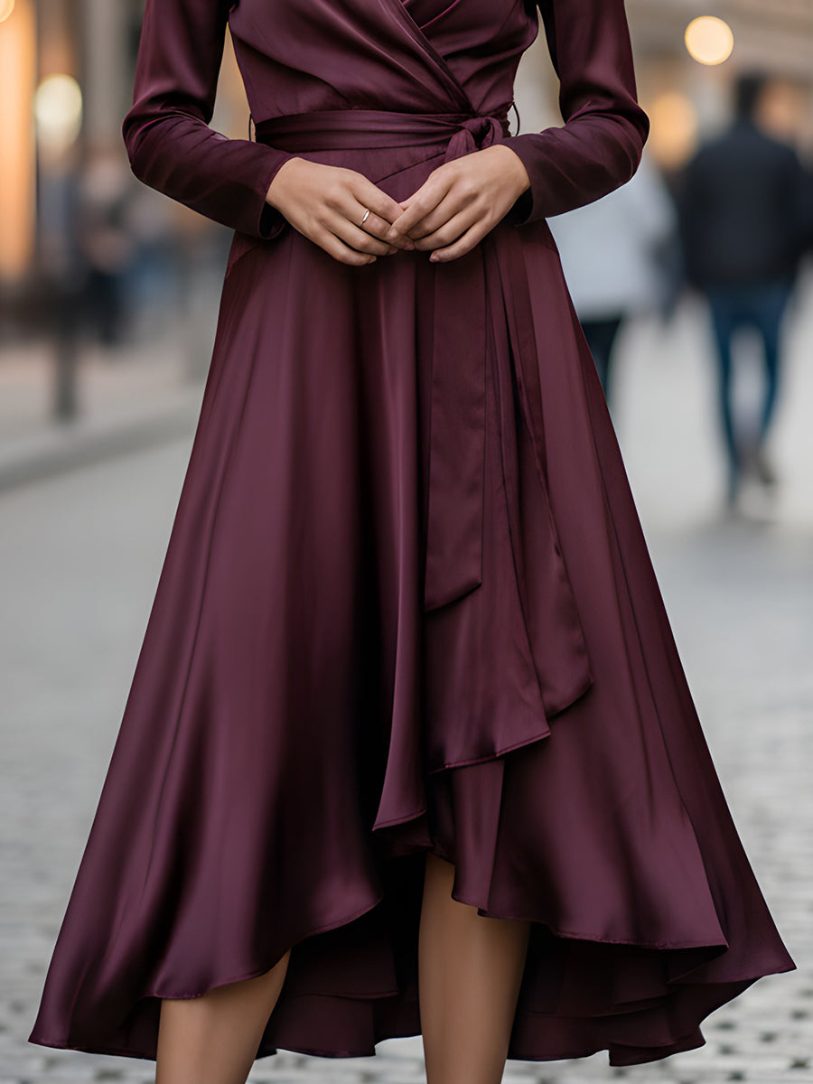 Burgundy Satin Wrap Midi Dress