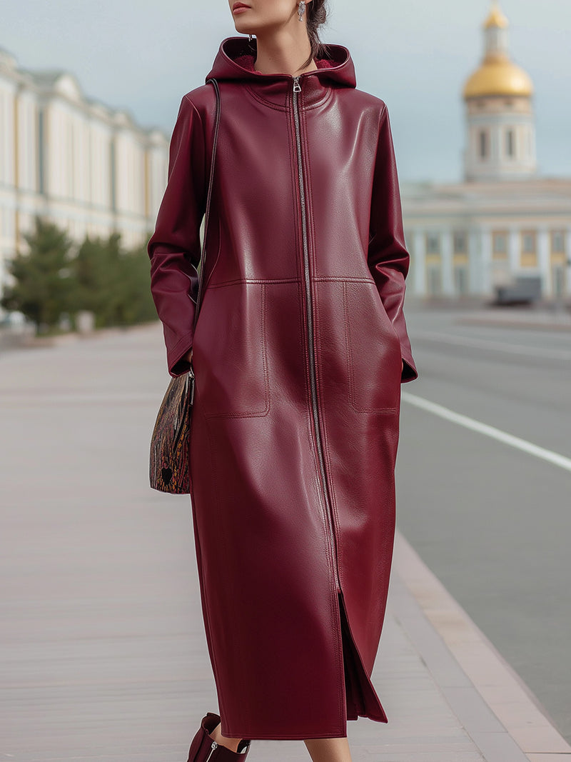 Burgundy Red Eco-Leather Hooded Long Coat