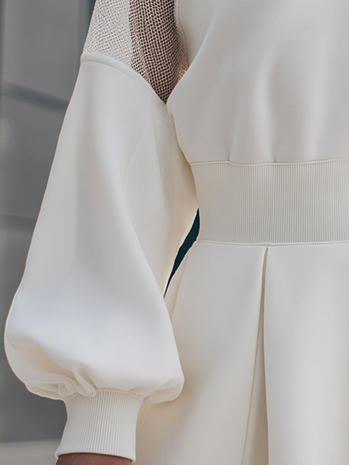 Mesh-Panel Balloon Sleeve Skater Dress