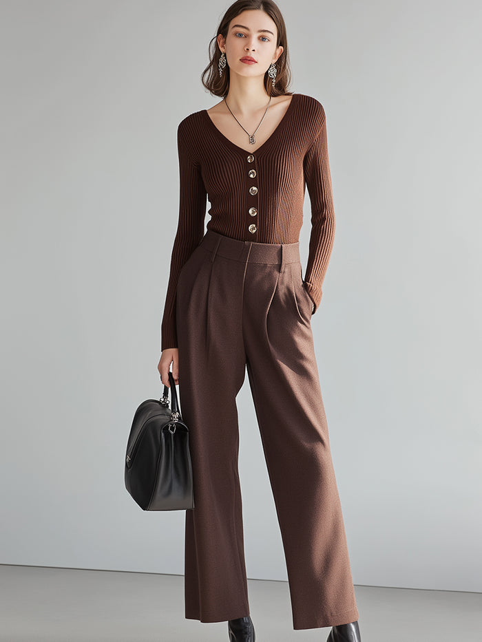 Chocolate Brown Ribbed Knit Top & Tailored Wide-Leg Pants Set