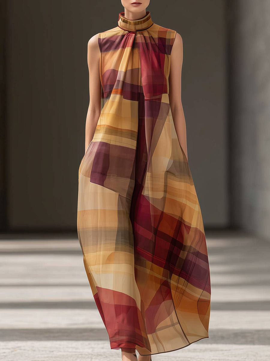High-Neck Abstract Plaid Sleeveless Maxi Dress