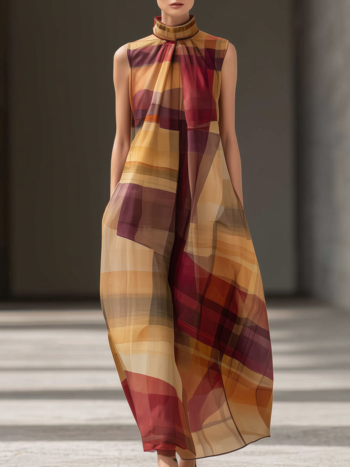 High-Neck Abstract Plaid Sleeveless Maxi Dress