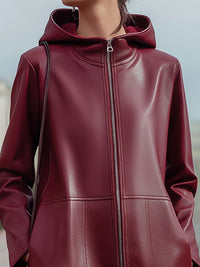 Burgundy Red Eco-Leather Hooded Long Coat
