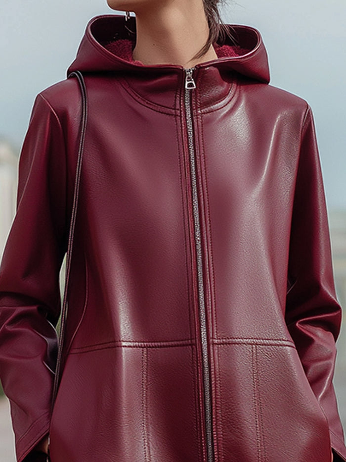 Burgundy Red Eco-Leather Hooded Long Coat