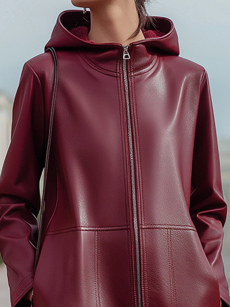 Burgundy Red Eco-Leather Hooded Long Coat