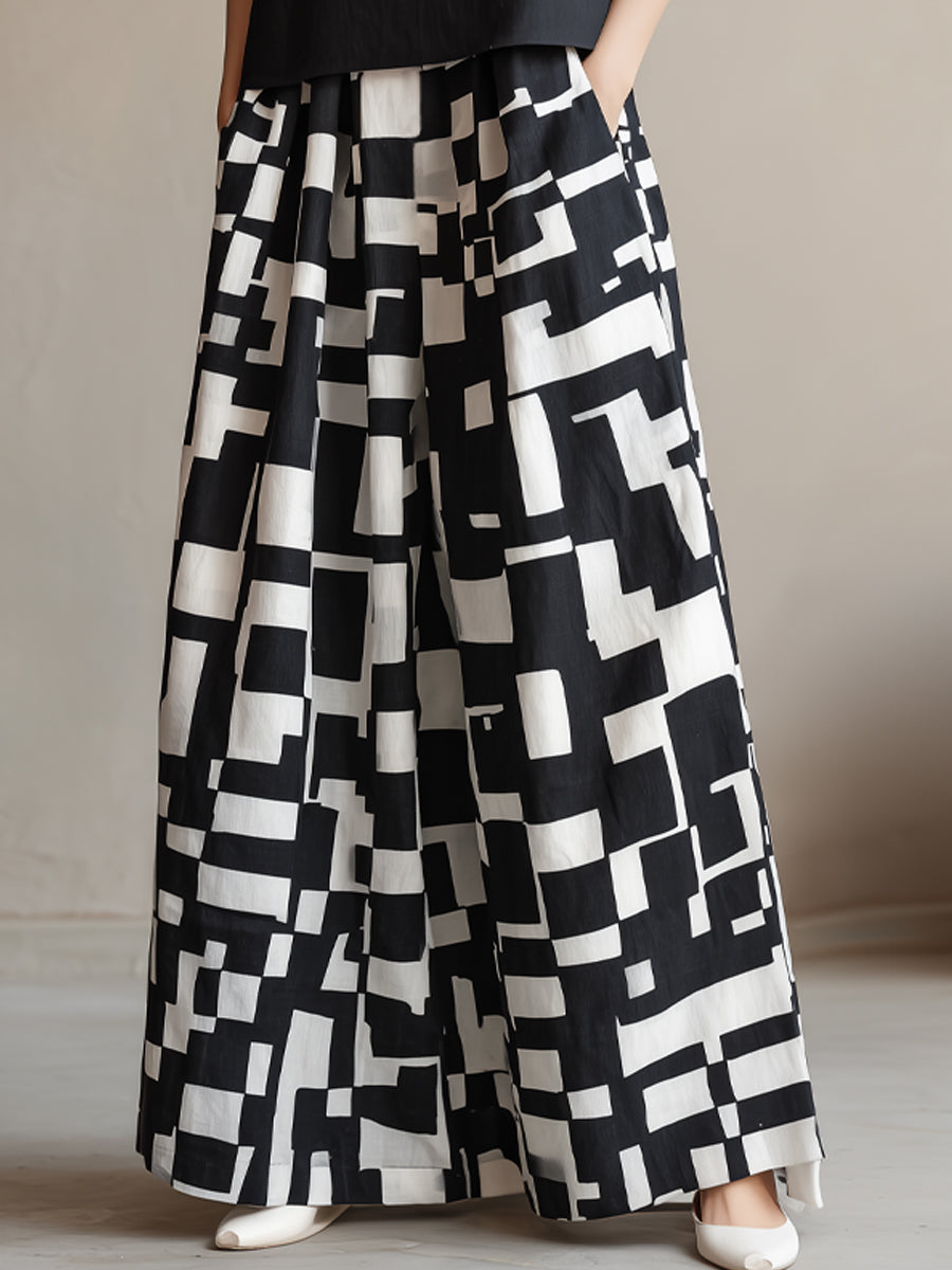 High-Neck Top & Abstract Print Wide-Leg Skirt Set