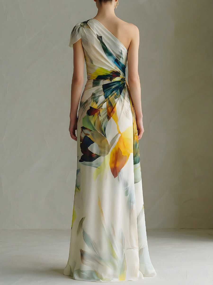 One-Shoulder Abstract Floral Draped Maxi Dress