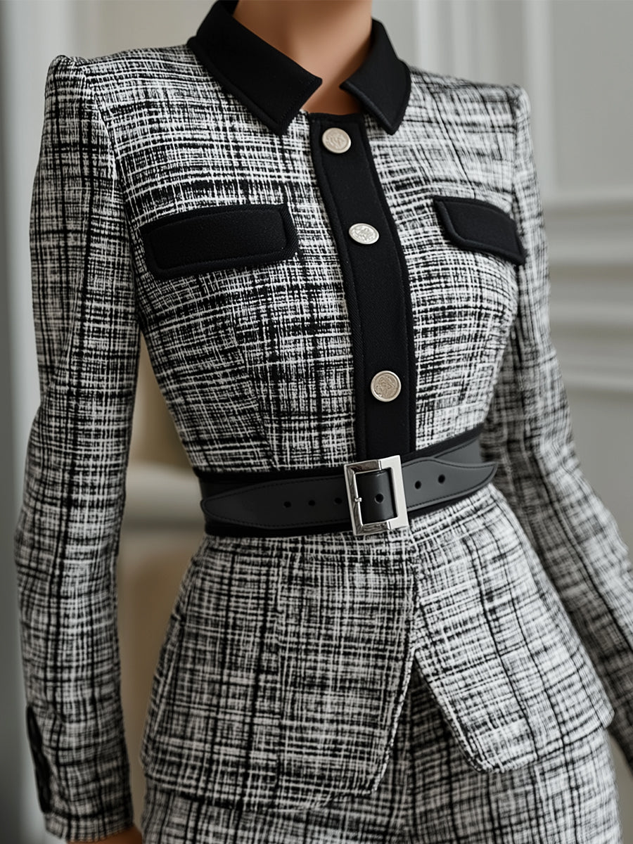 Monochrome Tweed Belted Power Suit Set