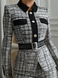 Monochrome Tweed Belted Power Suit Set