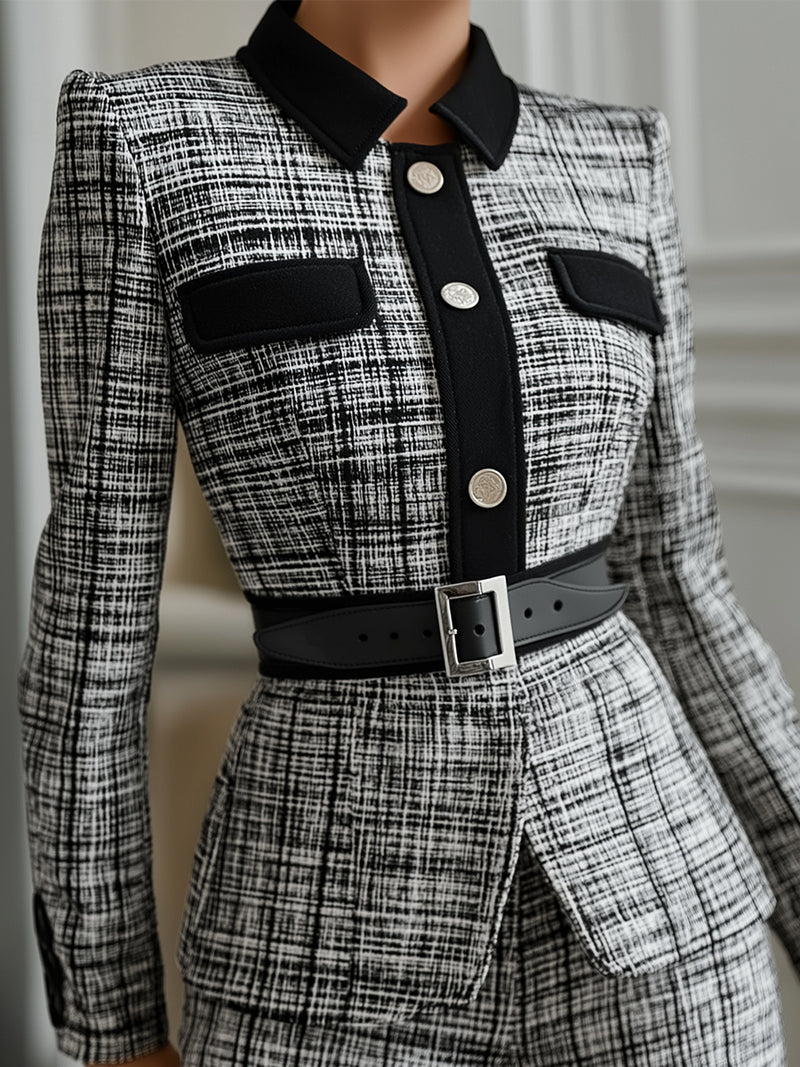 Monochrome Tweed Belted Power Suit Set