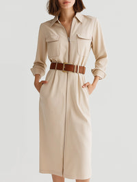 Belted Utility Shirt Dress In Beige