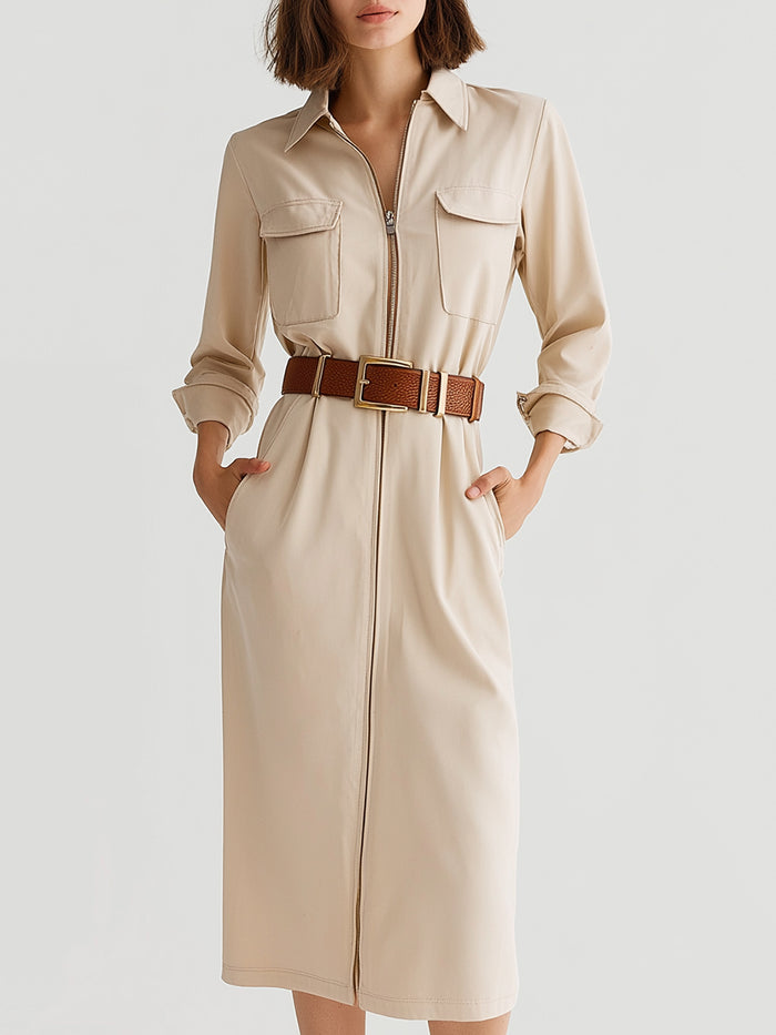 Belted Utility Shirt Dress In Beige