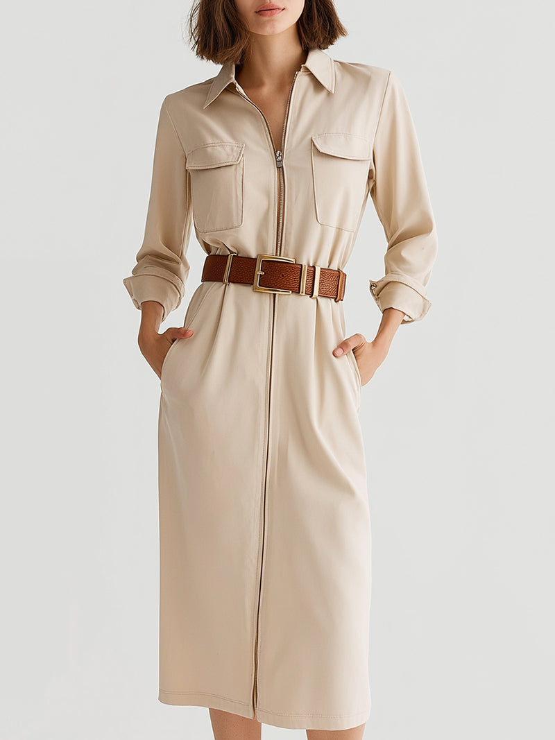 Belted Utility Shirt Dress In Beige