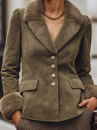 Olive Green Suede Blazer With Faux Fur Trim