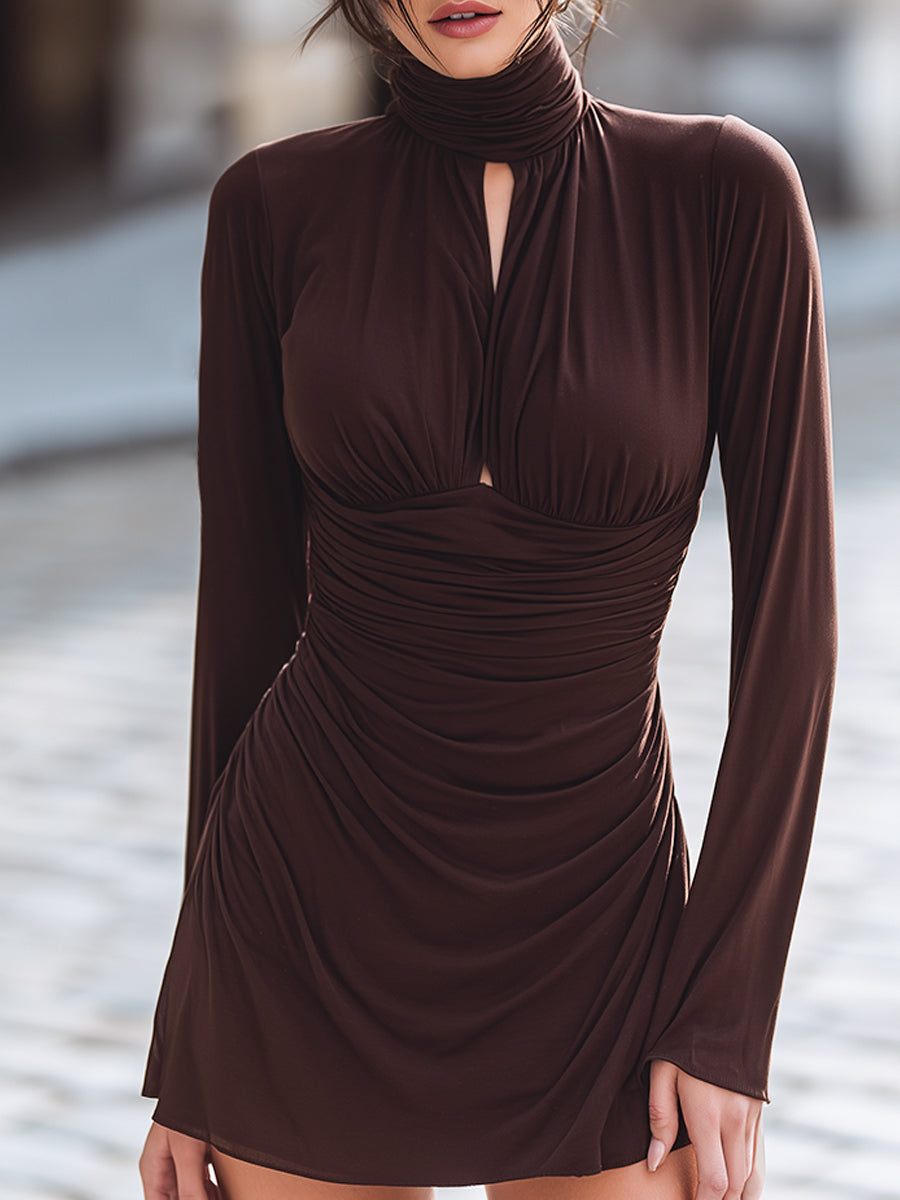 Chocolate Brown Ruched High-Neck Bodycon Dress