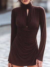 Chocolate Brown Ruched High-Neck Bodycon Dress