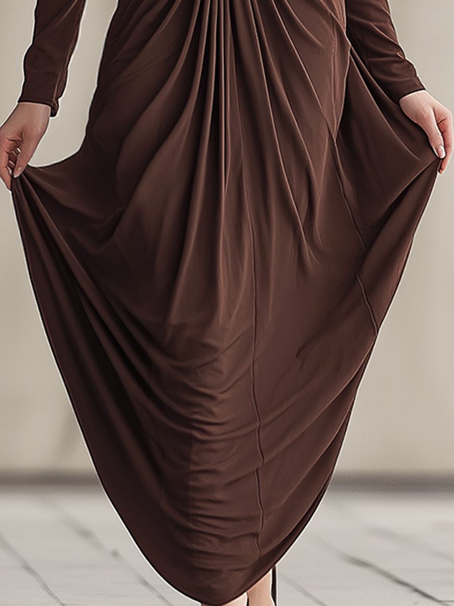 Mocha Draped Long-Sleeve Maxi Dress