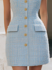 Square-Neck Tweed Mini Dress With Gold Buttons