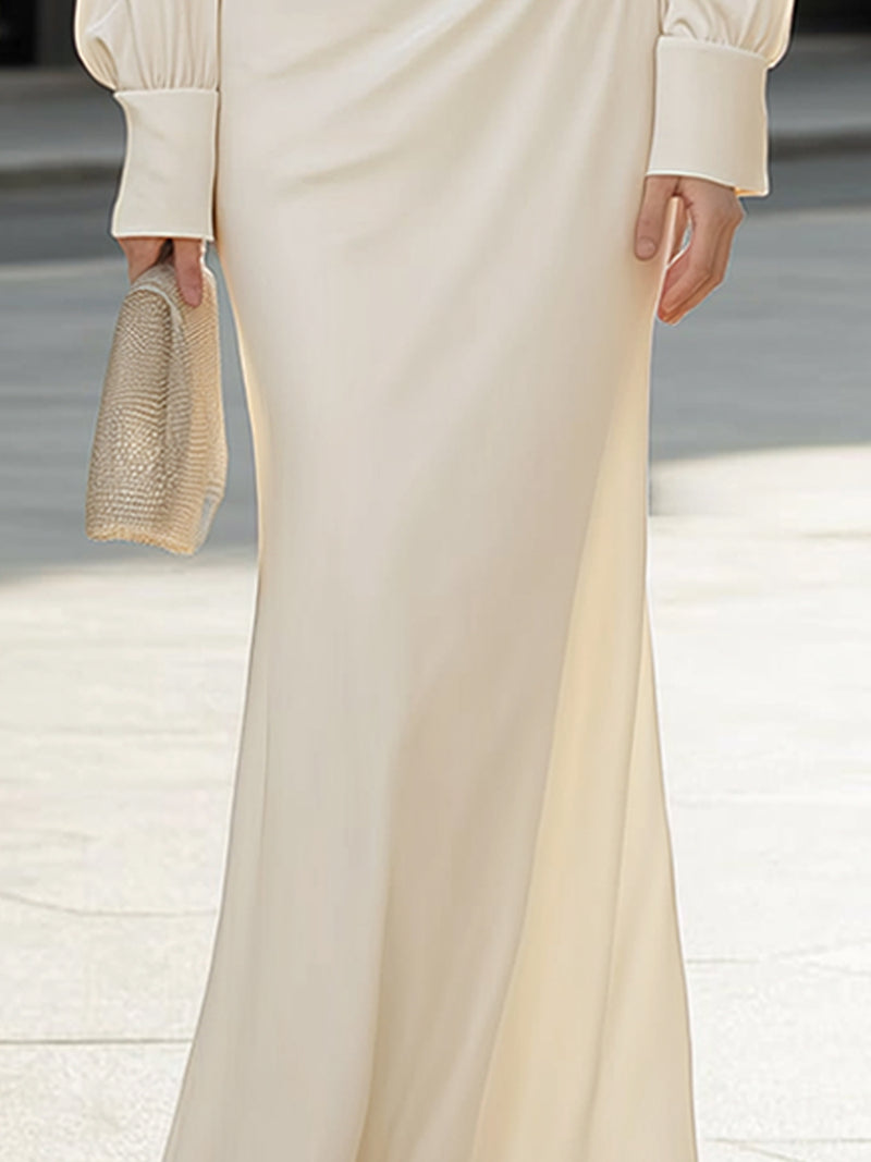 Elegant Satin Cowl Neck Long-Sleeve Evening Gown