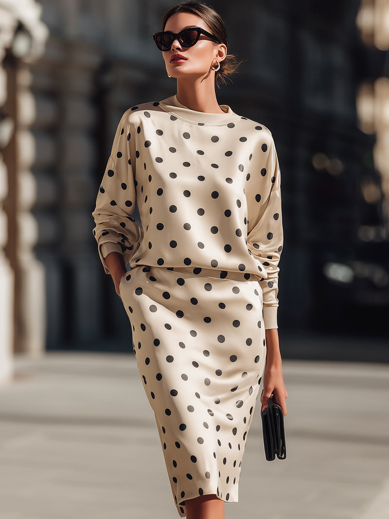 Polka Dot Satin Midi Dress Two-piece Set