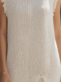 Textured Sleeveless Turtleneck Fringed Knit Tunic