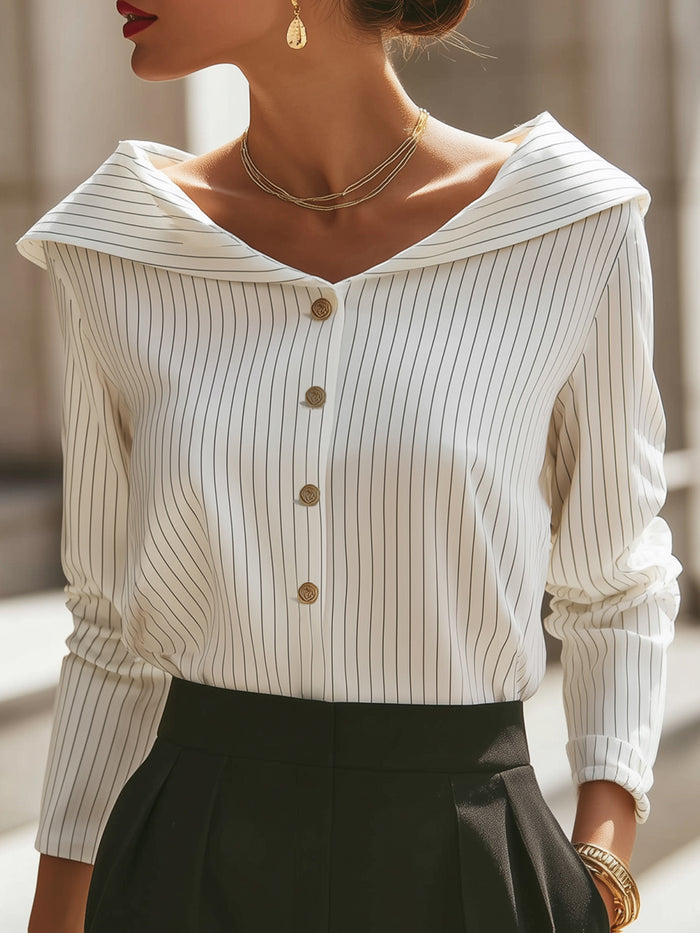 Pinstripe Off-Shoulder Button Blouse