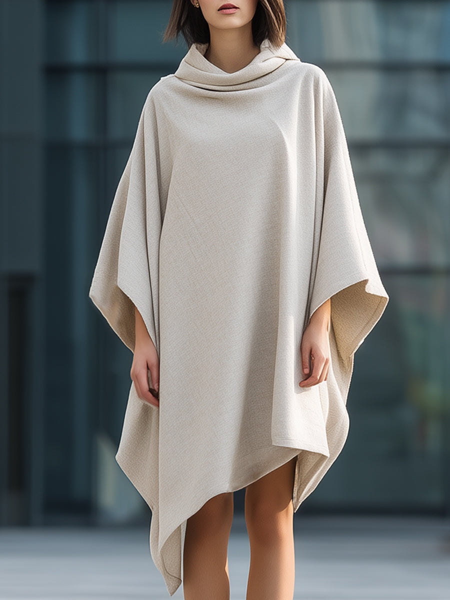 Beige Draped Hooded Collar Cape Coat