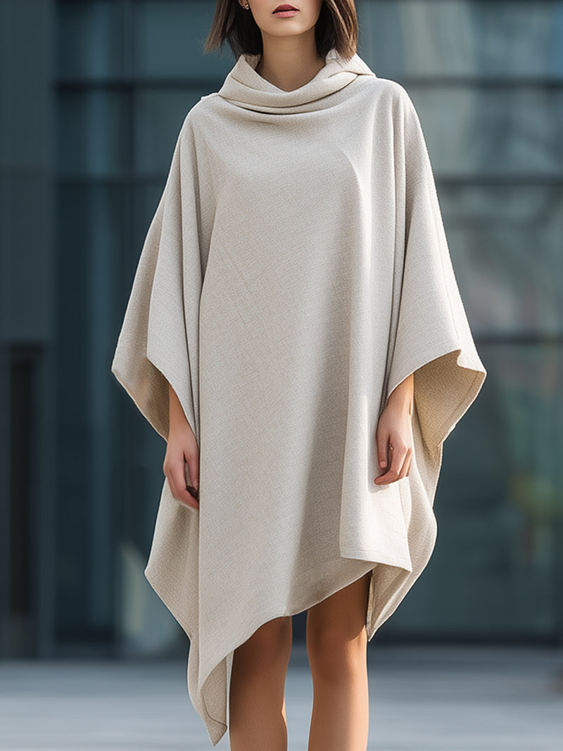 Beige Draped Hooded Collar Cape Coat