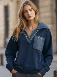 Denim-Trimmed V-Neck Pullover Sweatshirt