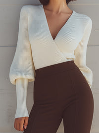 Ivory V-Neck Ribbed Top With Brown Flared Pants Set