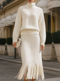 Knit Turtleneck Sweater And Fringe Hem Skirt Set