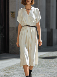 Draped V-Neck Belted Midi Dress