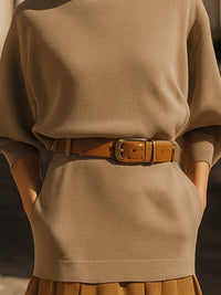 High-Neck Belted Knit Sweater
