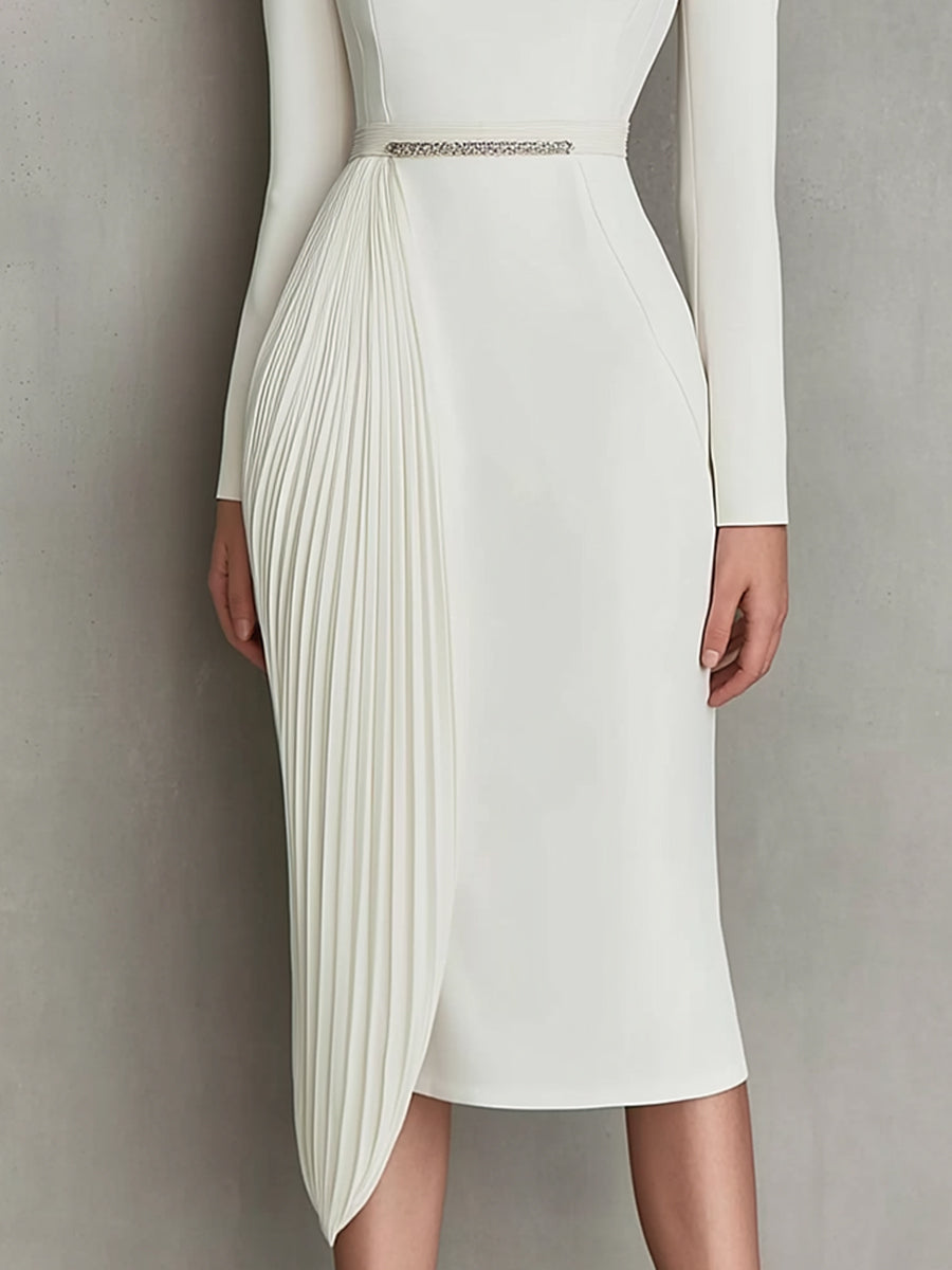 Elegant White Pleated Midi Dress With Crystal Belt