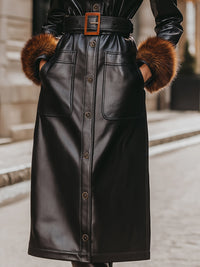 Black Faux Leather Coat With Fur Trim