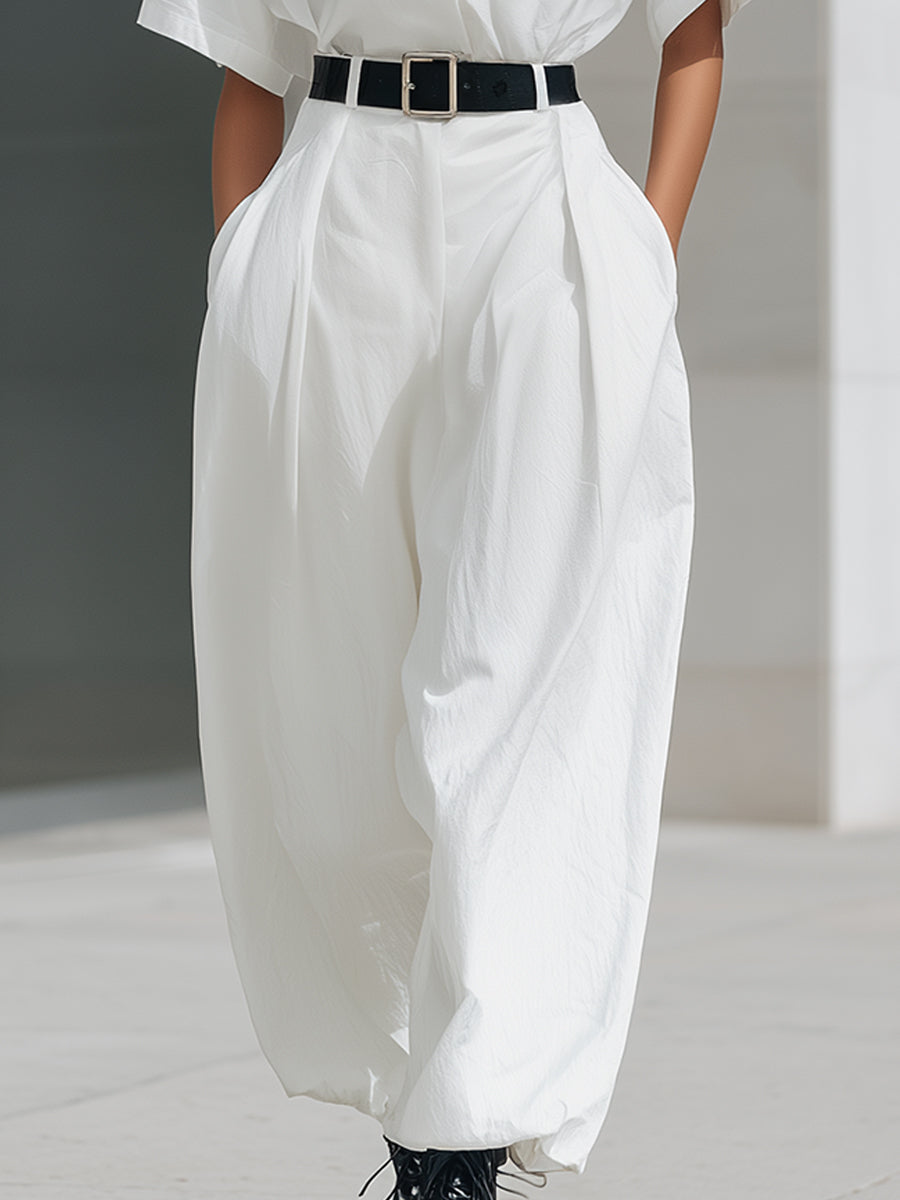 Relaxed Belted Shirt-Collar Wide-Leg Jumpsuit