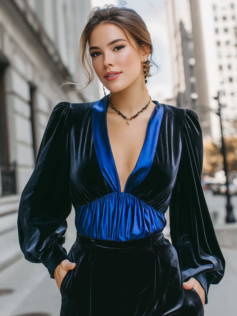 Midnight Velvet Deep-V Blouse With Royal Blue Panel