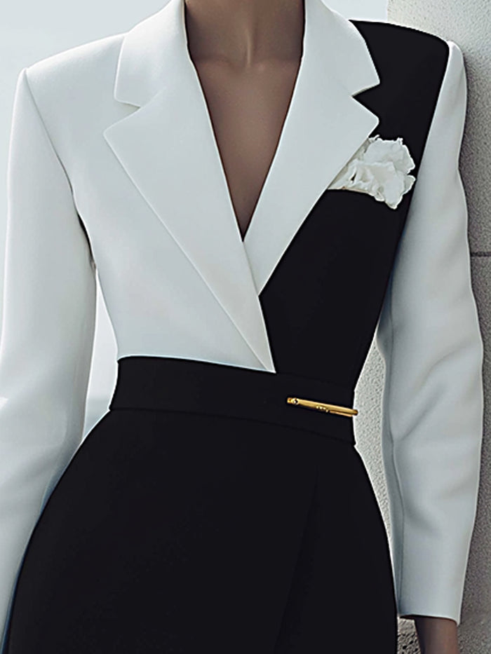 Monochrome Blazer-Inspired Midi Dress With Side Slit