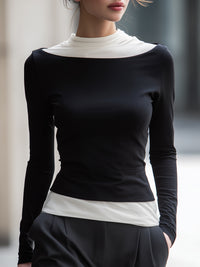 Monochrome Layered Mock-Neck Long Sleeve Top