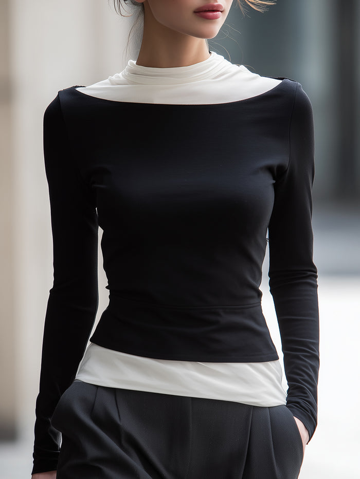 Monochrome Layered Mock-Neck Long Sleeve Top