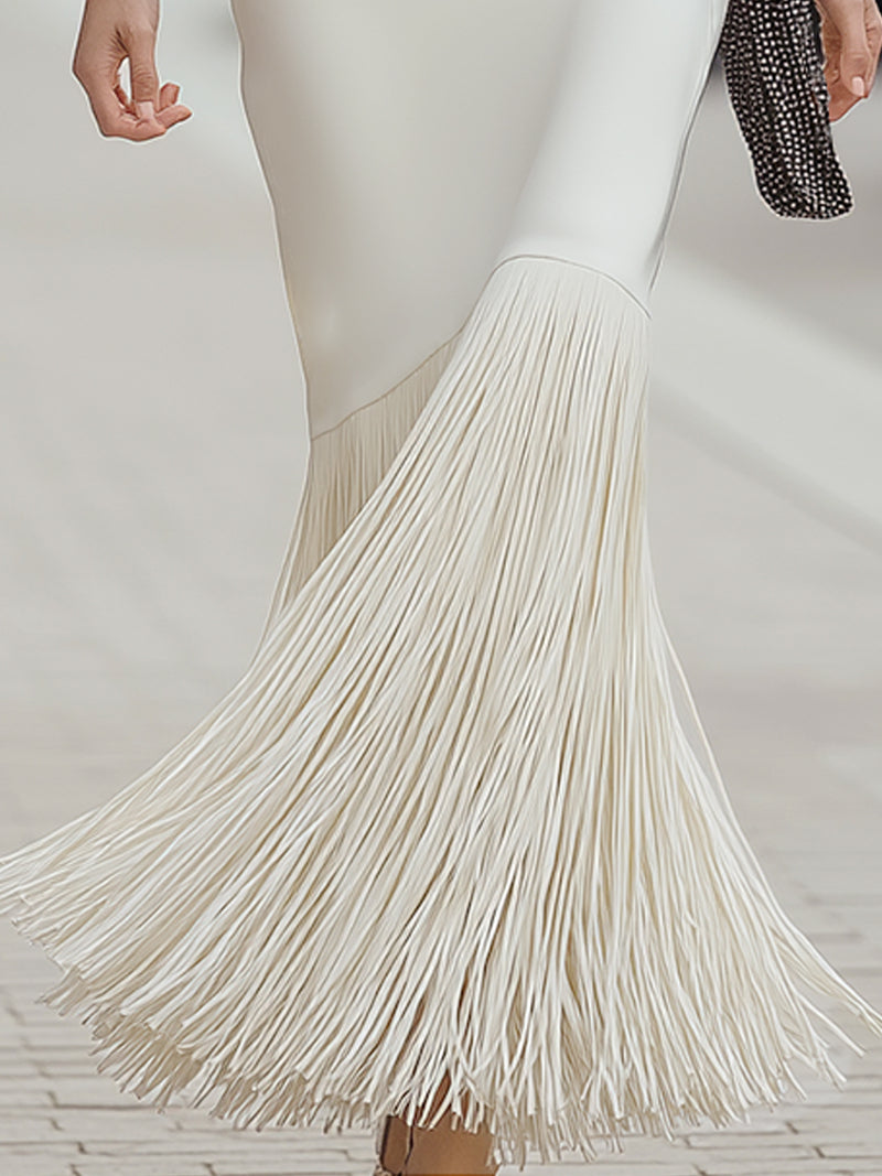 White Fringed Leather Hem Drawstring Maxi Dress